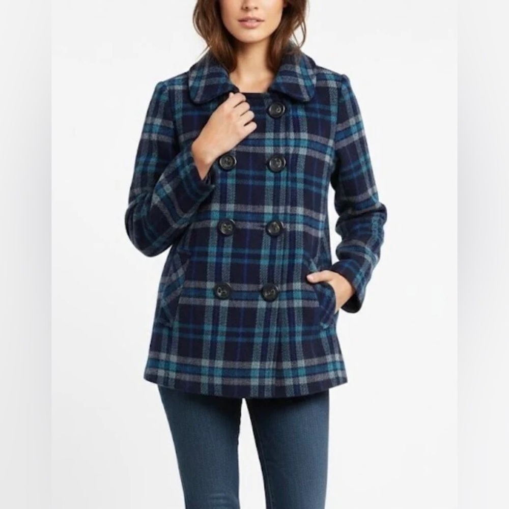 Aeropostale Small Wool navy, and teal plaid double-breasted wool-blend peacoat